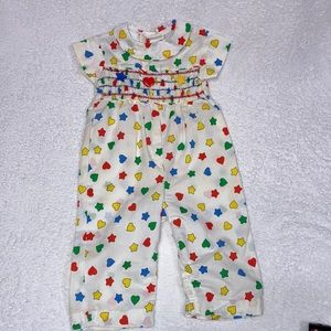 Vintage Polly flinders smocked primary color heart star short sleeve romper 24m